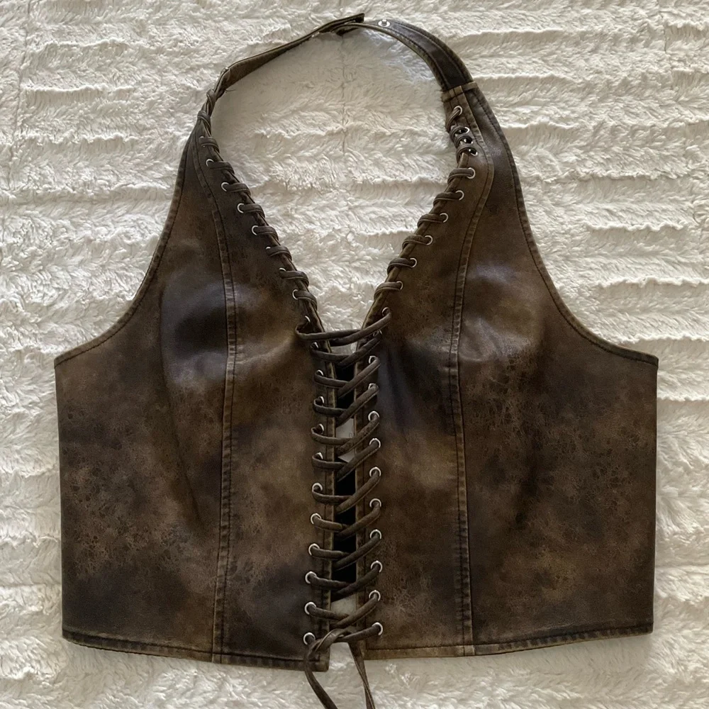 UO Tali Faux Leather Lace-Up Halter Top NWT - Picture 1 of 5